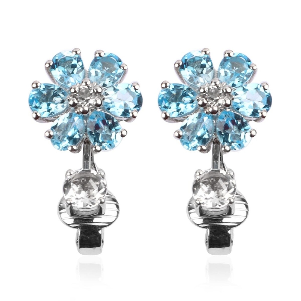 NWT SWISS BLUE TOPAZ & WHITE TOPAZ EARRINGS IN PLATINUM OVER STERLING SILVER